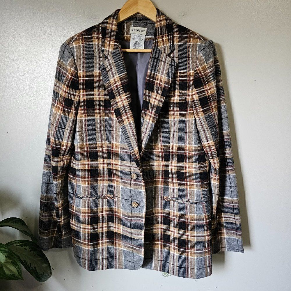 EUC VINTAGE WHITE STAG PLAID WOOL BLEND BLAZER JACKET SIZE 10 / M